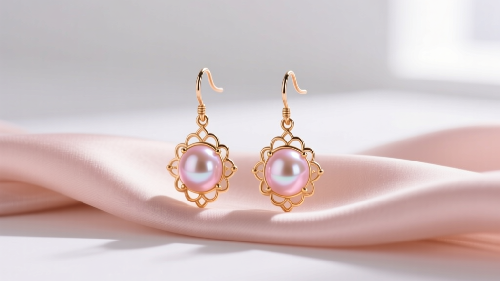 Close-up of 14k rose gold drop earrings featuring natural pink freshwater pearls resting on a folded piece of blush silk fabric.