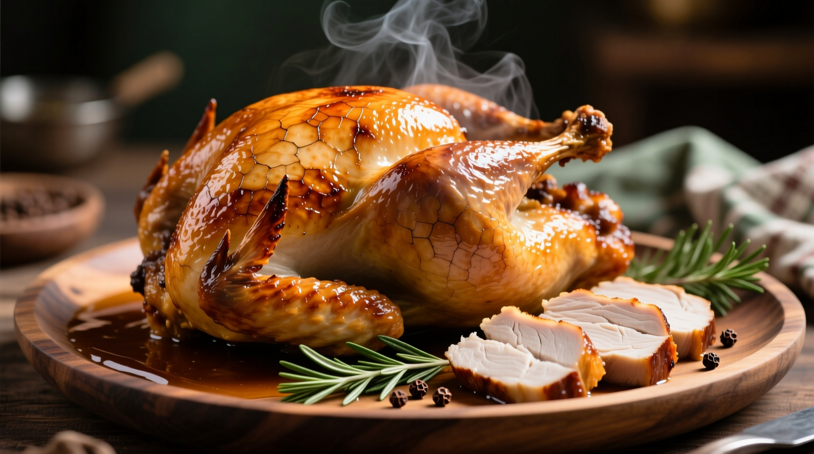 Juicy roasted turkey with golden skin on platter