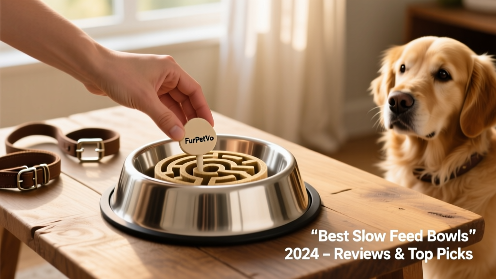 Hand placing a FurPetVo interchangeable maze insert into a stainless steel bowl base