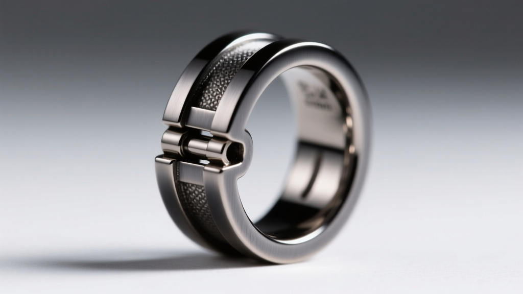 Macro shot of a titanium ear cuff with dark ruthenium plating, showing the seamless hinge mechanism and smooth polished edges.