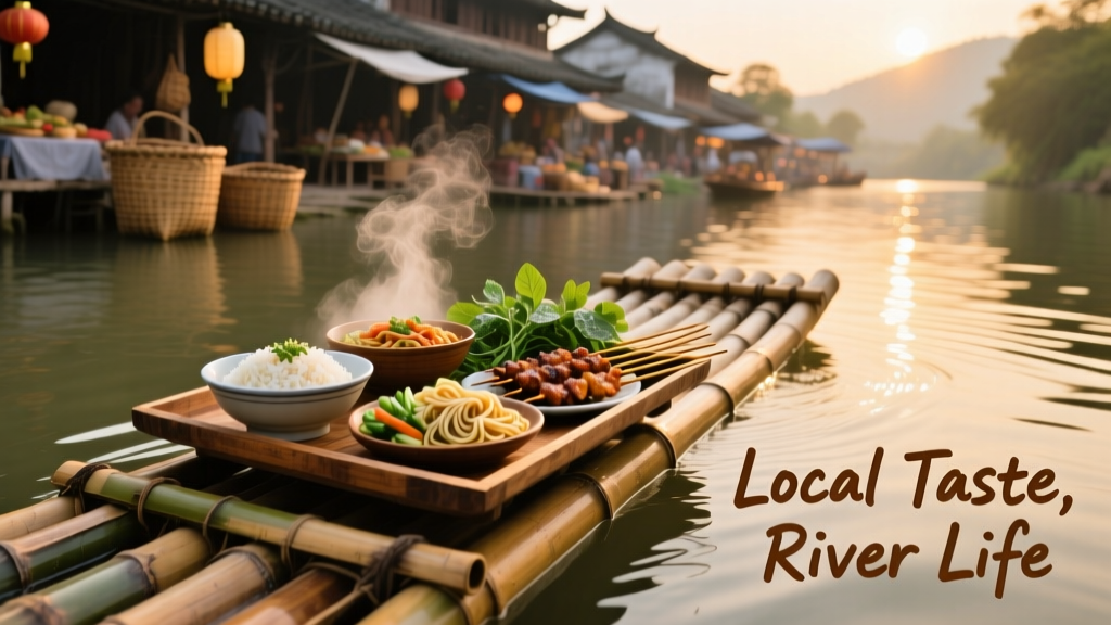 Photo Leisure Floating on a Bamboo Raft: Serenity, Culture, and Composition on Water