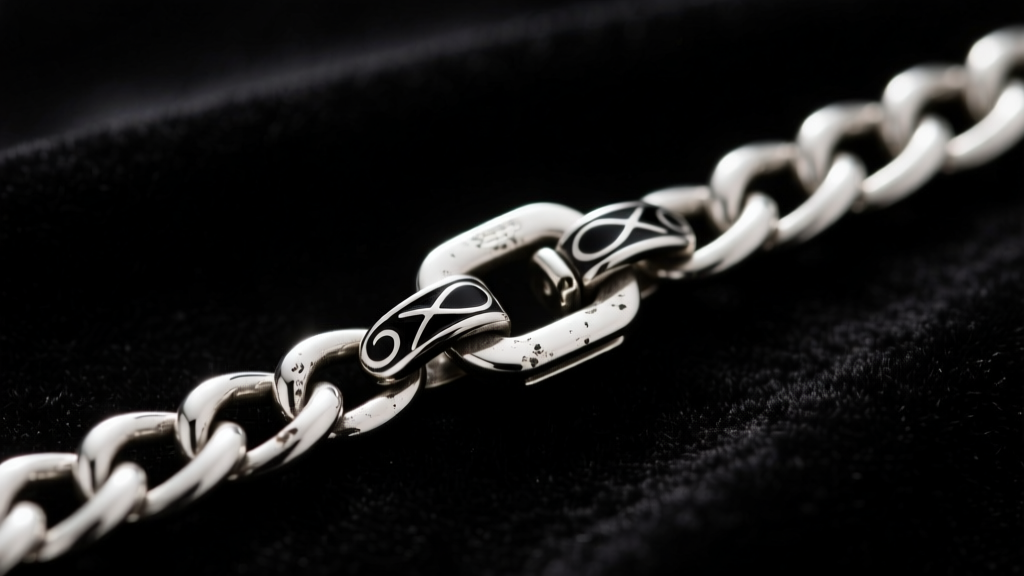 Sterling silver chain with black enamel inlay showing clasp wear against dark velvet in moody lighting, macro detail.