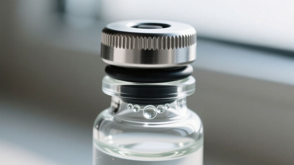 Close-up of threaded steel stopper with rubber O-ring sealed onto a miniature glass memorial vial using clear UV resin.