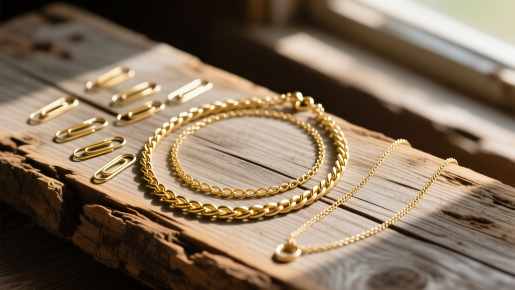 Layered 14k gold-filled paperclip and wheat chain necklaces on rustic reclaimed wood, soft natural window light, Midwest aesthetic