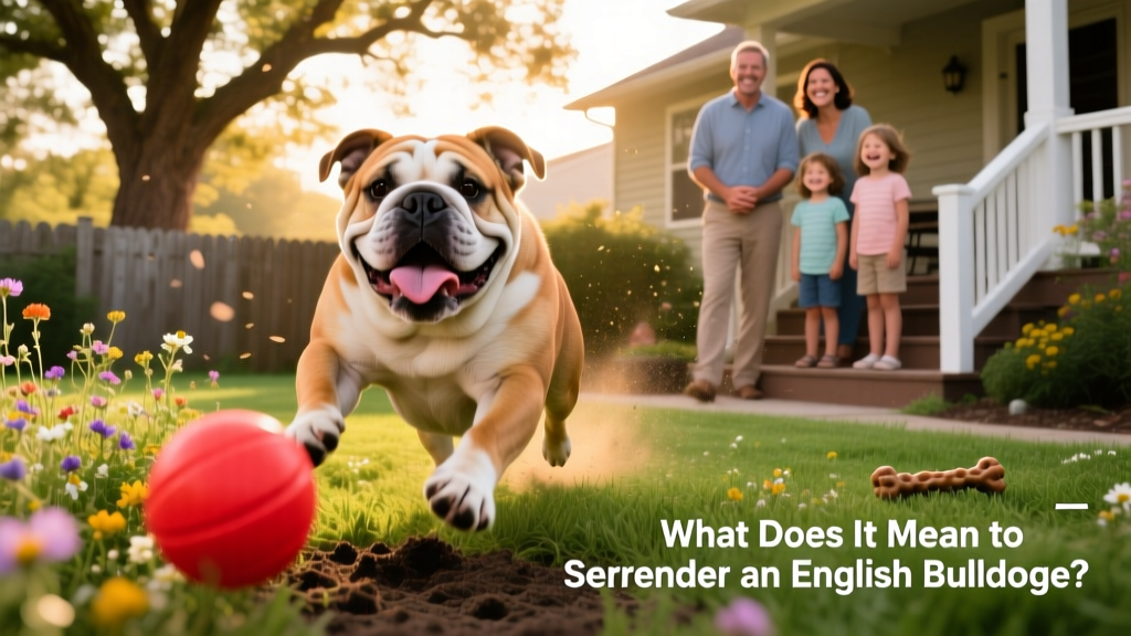 An English Bulldog happily playing in a sunlit backyard with a new family