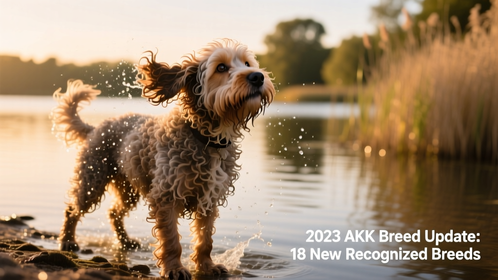 A Barbet dog shaking water from its curly, beard-like coat near a lakeshore