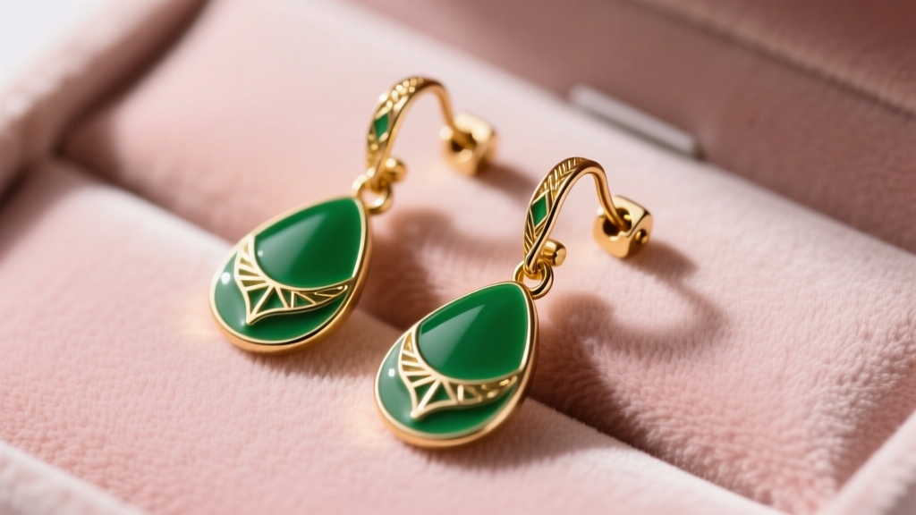 Overhead shot of green enamel drop earrings on blush velvet, highlighting the gold-tone brass hardware and earring post details.