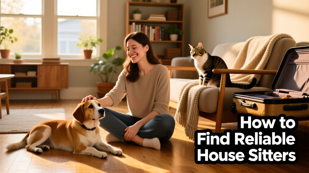 A friendly house sitter sitting cross-legged on the floor with a relaxed dog and curious cat nearby