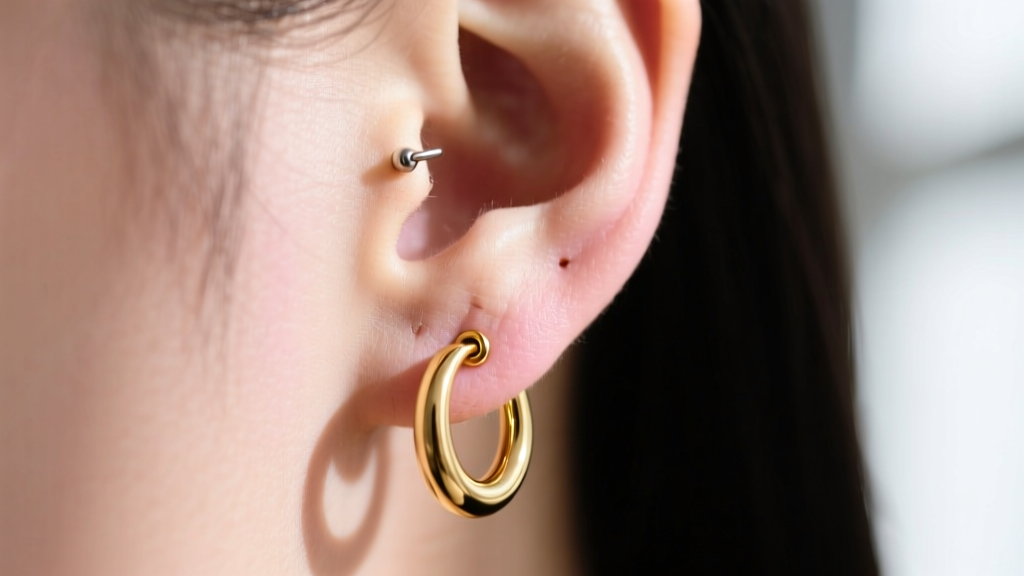Side profile of a 14k solid gold single huggie hoop with threadless push-pin backing secured in a healed upper cartilage piercing