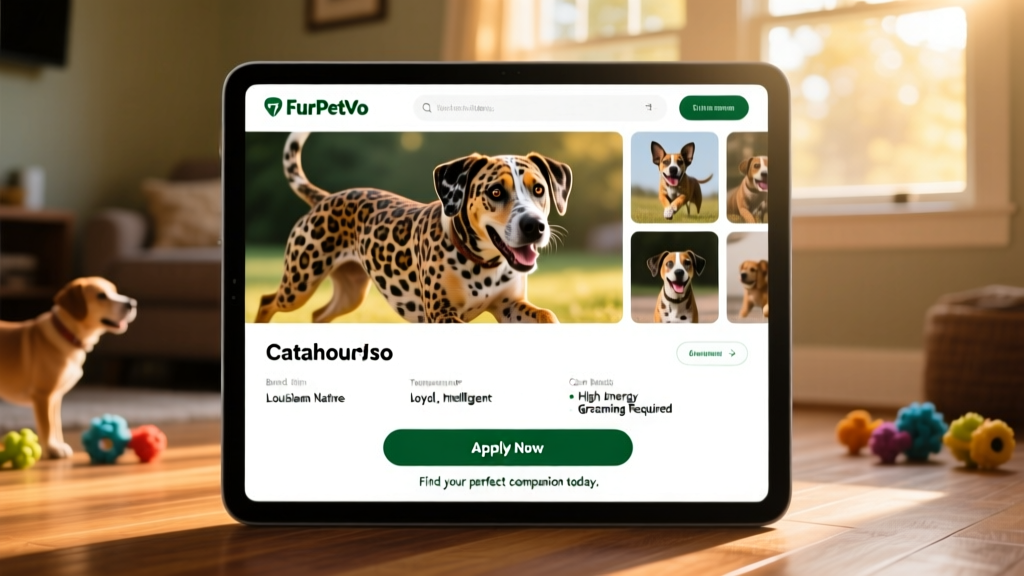 Screenshot-style image showing a clean, user-friendly FurPetVo listing page for a Catahoula Leopard Dog, with photo gallery, bio section, and 'Apply Now' button