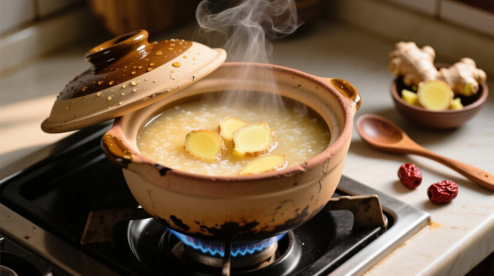 Traditional clay pot congee simmering with ginger