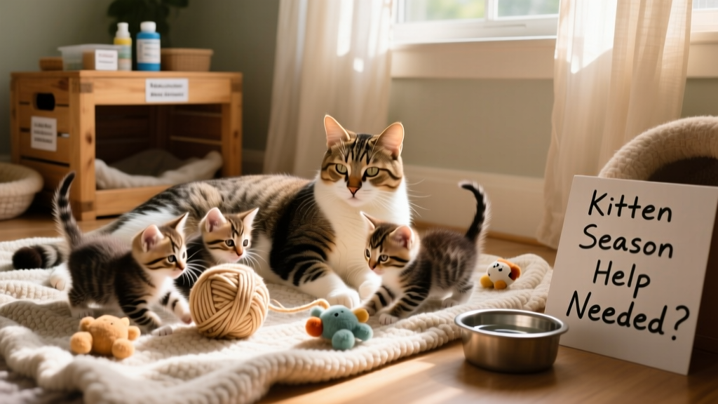 A healthy mother cat resting beside four playful kittens in a cozy indoor foster setup