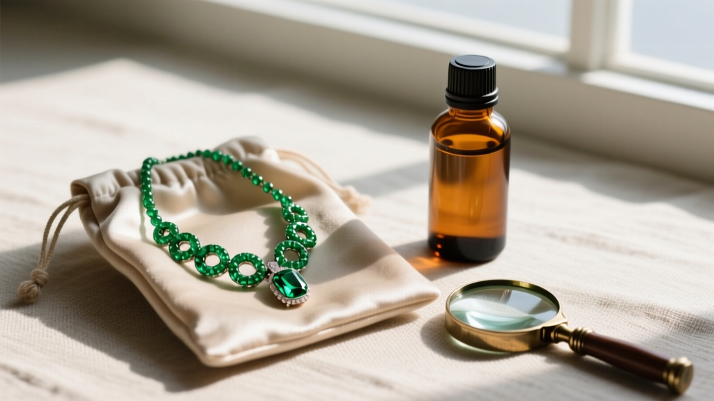 Small emerald necklace coiled inside an anti-tarnish pouch, resting beside a cedar oil bottle and a jeweler