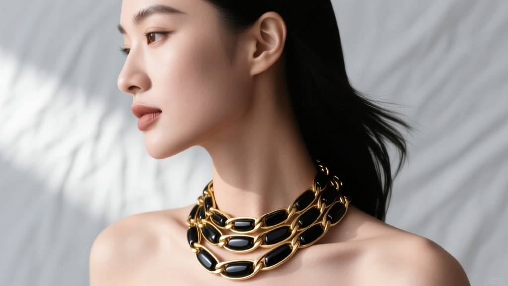 Side profile of a woman wearing a heavy multi-strand statement bib necklace, highlighting how the chain rests on the collarbone
