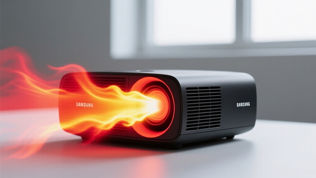 Thermal camera overlay of a Samsung Freestyle Gen 2 projector running at peak brightness, highlighting heat dissipation near the rear exhaust vents.