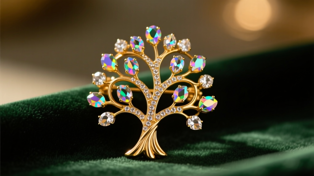 Vintage 1950s gold-tone tree brooch with aurora borealis rhinestones on dark green velvet, macro photography, warm lighting