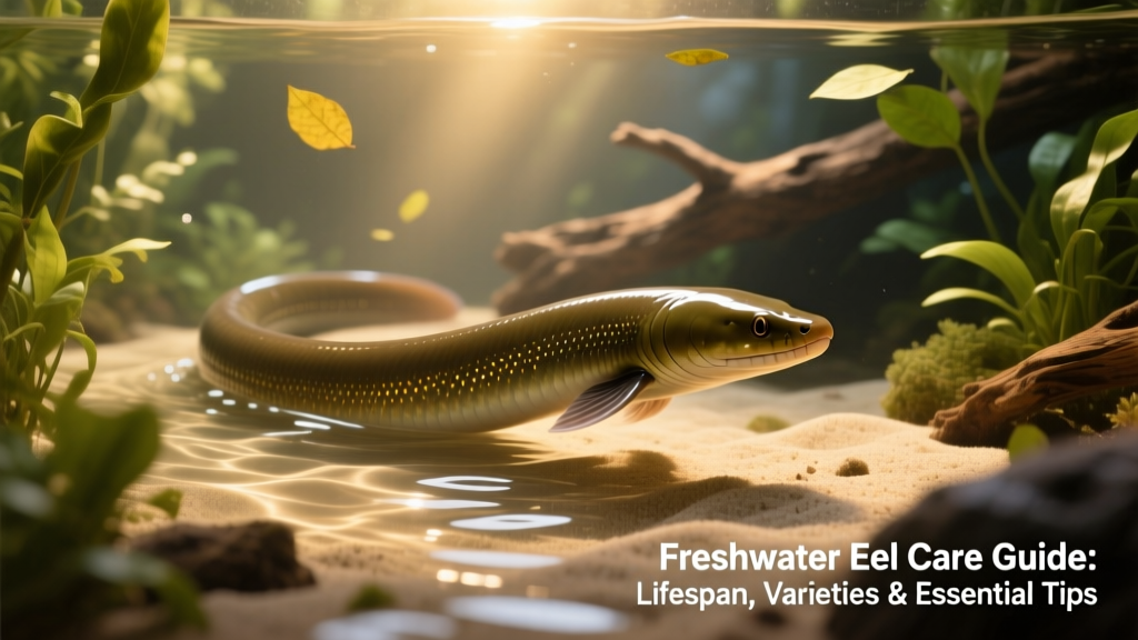 A sleek, olive-brown freshwater eel gliding through a well-planted aquarium with soft substrate and gentle water flow
