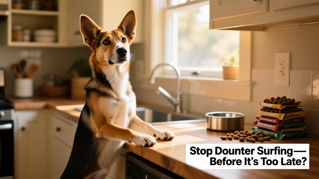 A dog standing on hind legs, front paws on a kitchen counter, looking alert and curious