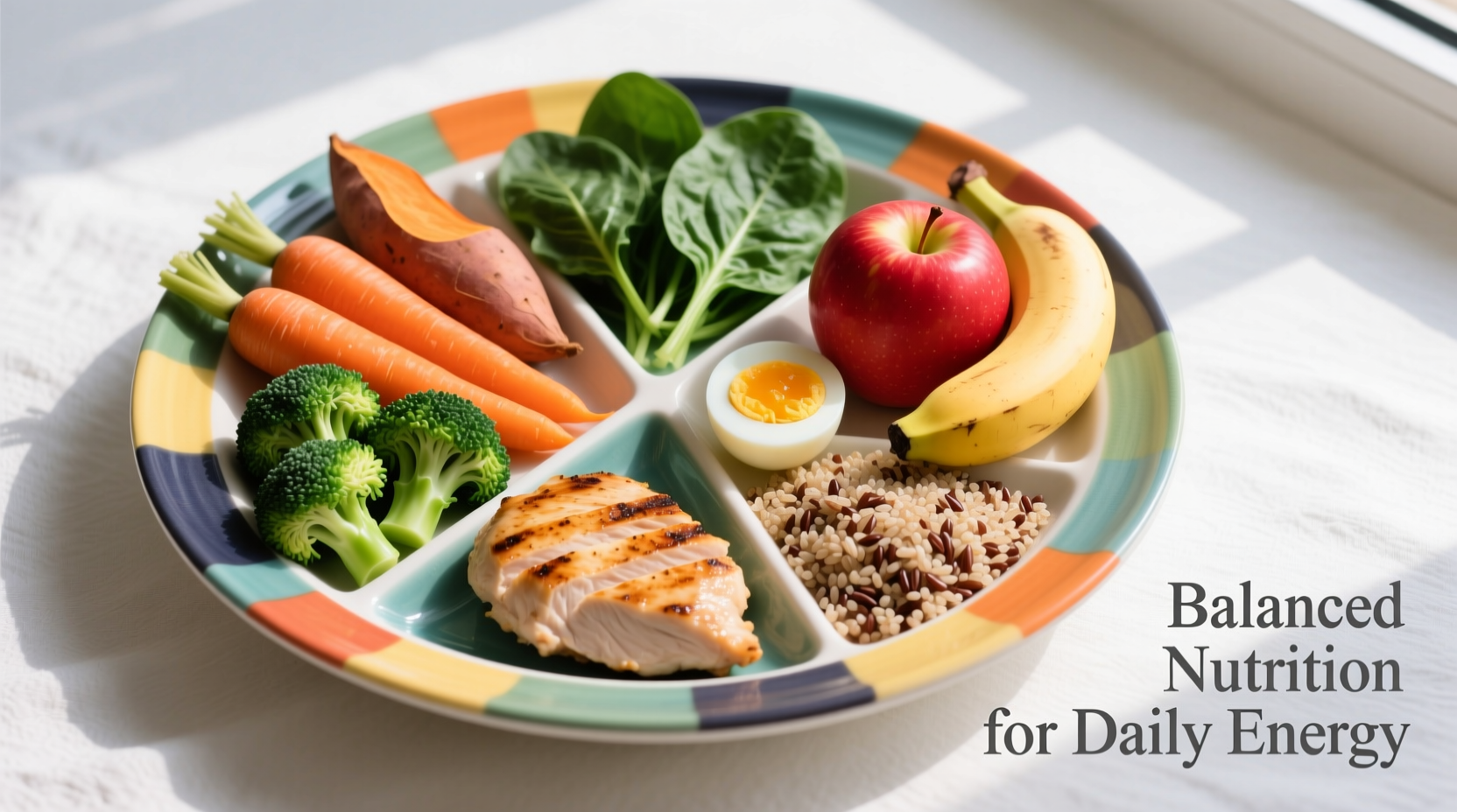 Colorful plate showing balanced food group portions