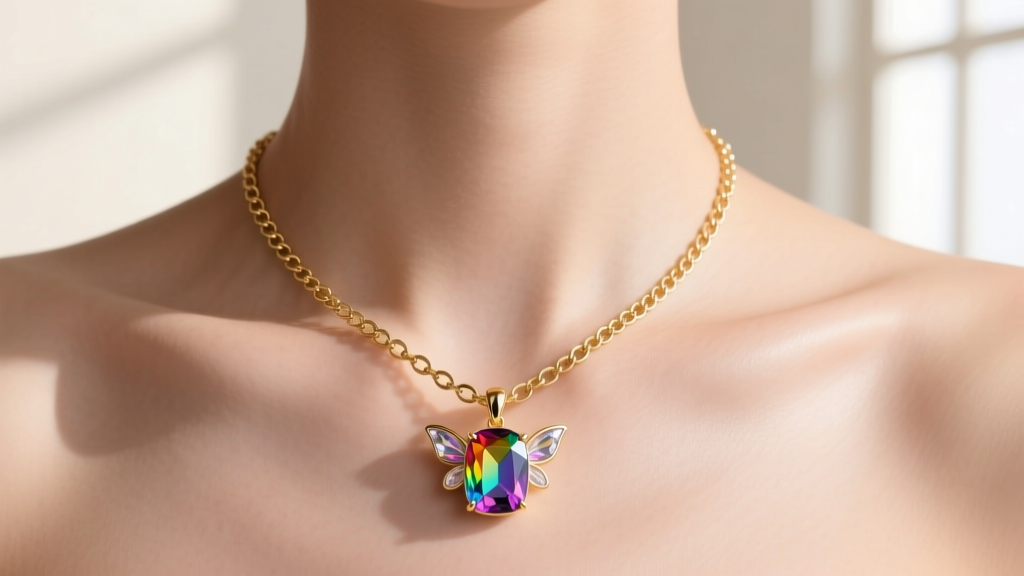 Delicate 18-inch 14k gold vermeil rolo chain holding a custom artisan Fairytopia-inspired rainbow gemstone pendant on collarbone