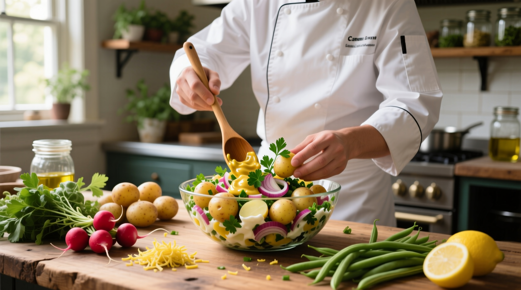 Chef preparing mustard potato salad with fresh ingredients