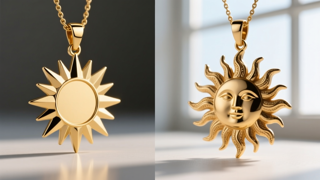 Side-profile comparison of a flat die-struck 14k gold sunburst pendant next to a 3D lost-wax cast sun face with textured rays.