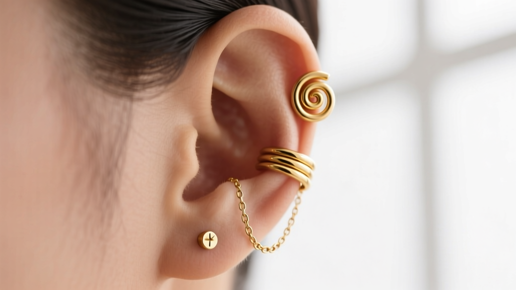 Side profile of a gold 18-gauge pierced helix wrap with a delicate chain connecting to a lobe stud, highlighting the ear curve