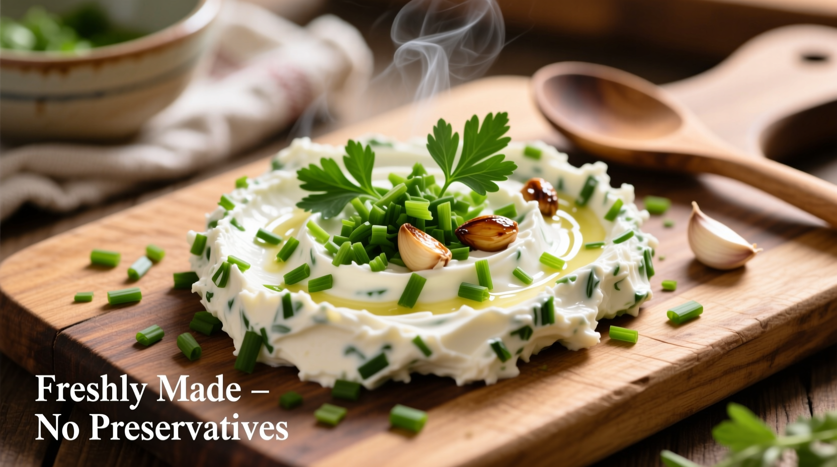 Homemade garlic herb cheese spread with fresh herbs