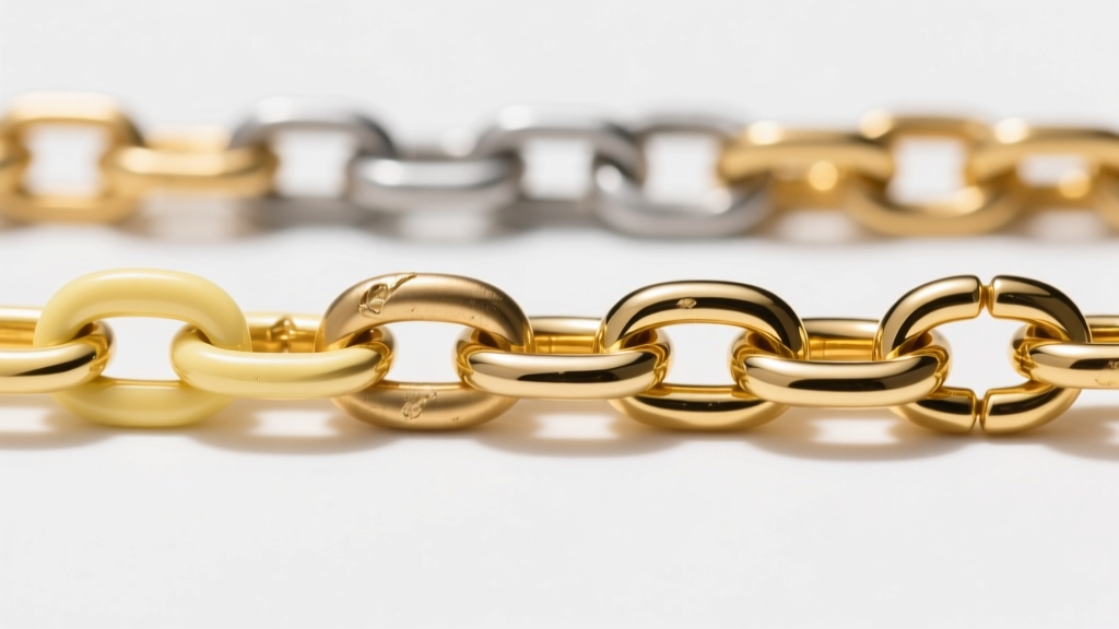 Macro shot comparing 10k, 14k, and 18k gold chain links, showing the color shift from pale yellow to a rich, warm gold tone.