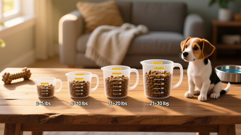 A side-by-side comparison of portion sizes using standard measuring cups for different puppy weight ranges
