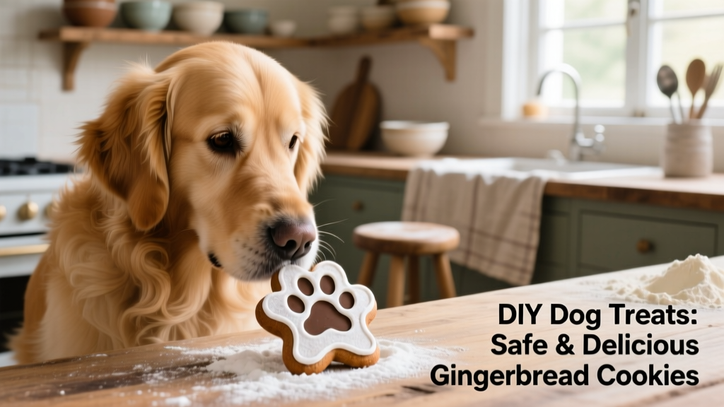 Close-up of a dog sniffing a freshly baked gingerbread cookie on a wooden counter