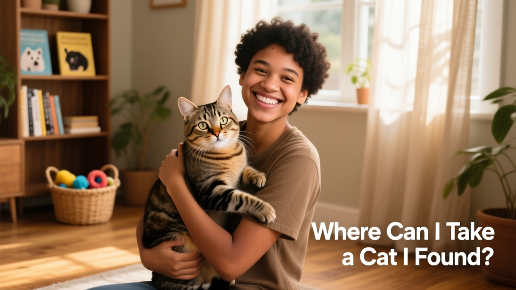 Happy adopter holding a newly adopted cat while smiling at the camera