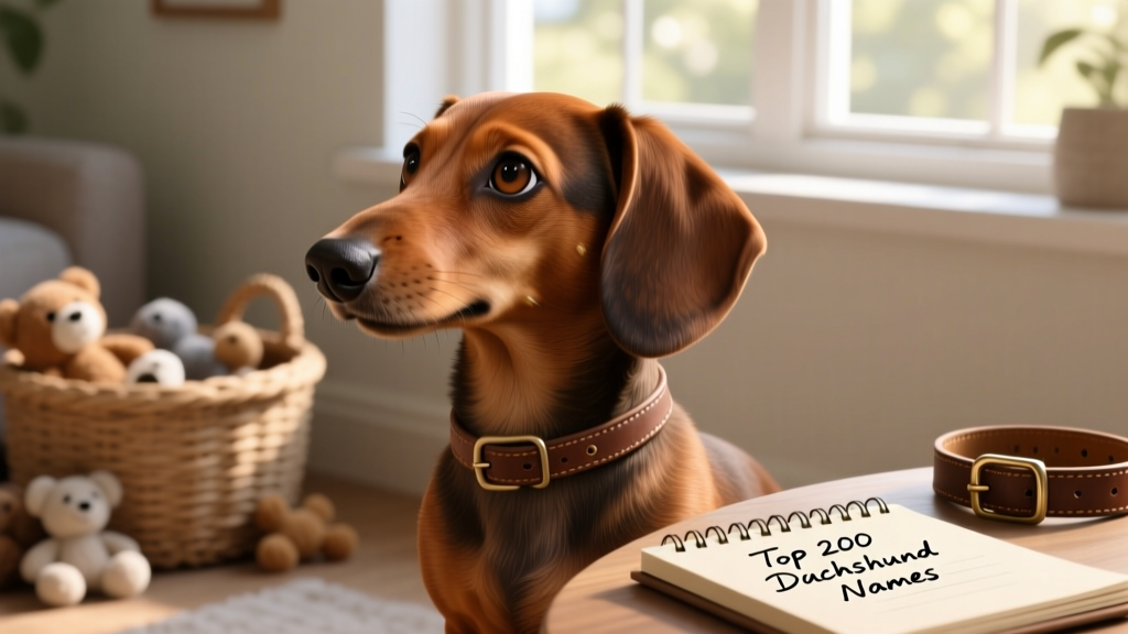 A brown Dachshund looking thoughtfully to the left, ears perked and expression curious
