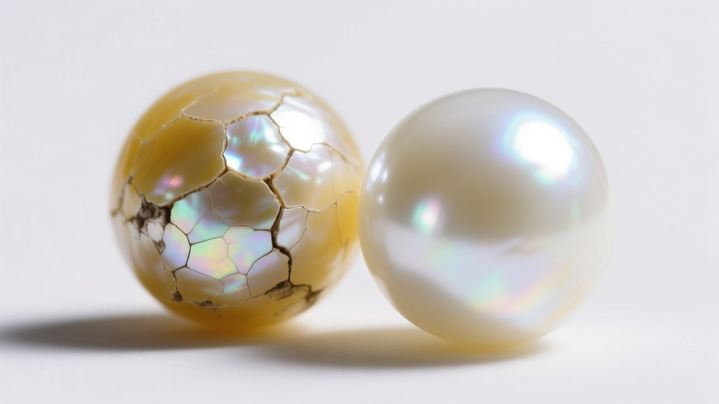 Macro photo of a yellowed pearl surface next to a pristine white one, showing dehydration and cosmetic damage on the nacre layer.