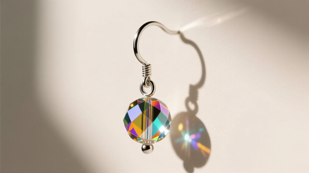 Macro shot of a seed bead dangle earring in sunlight, showing the luster of glass beads on a hypoallergenic titanium ear hook