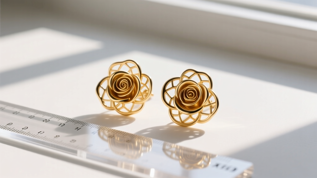 Flat lay of hollow electroformed gold rose earrings beside a ruler, demonstrating large scale and lightweight metal construction.