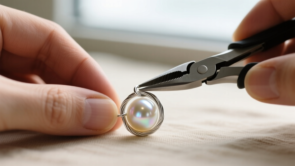 Jeweler hands using nylon-jaw pliers to secure a half-hard silver wire loop around a perfectly round white AAA freshwater pearl.