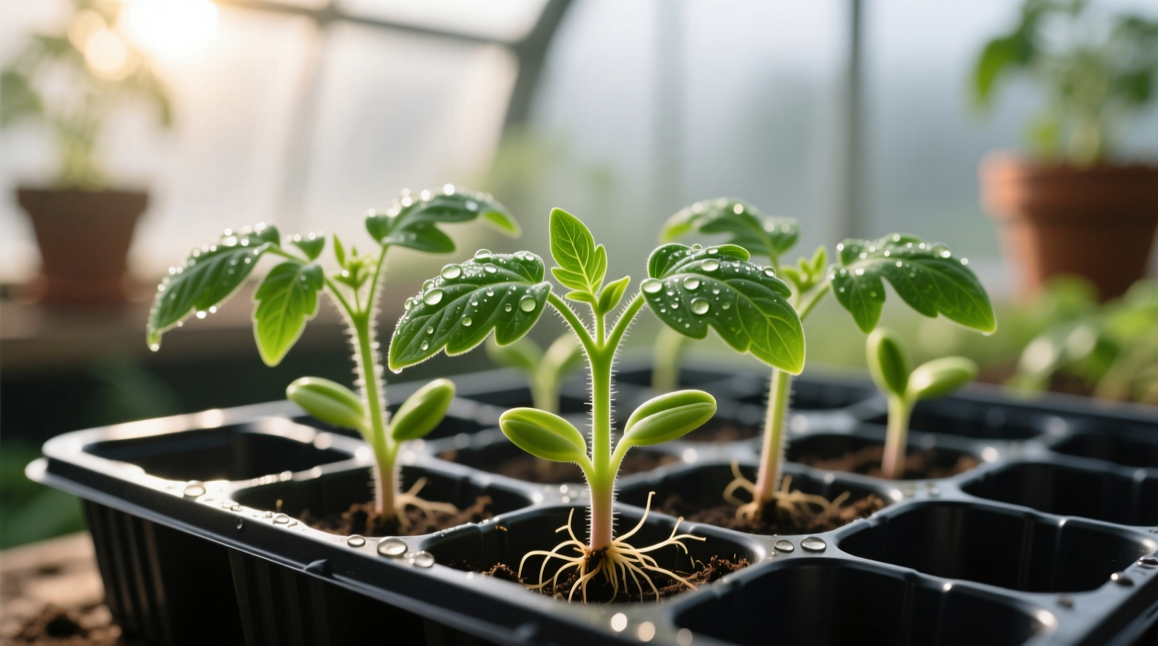 Healthy tomato sprouts in seedling tray
