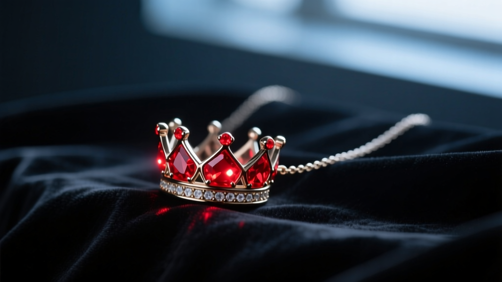 Close-up of a glowing red LED crown pendant necklace resting on dark velvet, illuminated against a moody, shadowy background.
