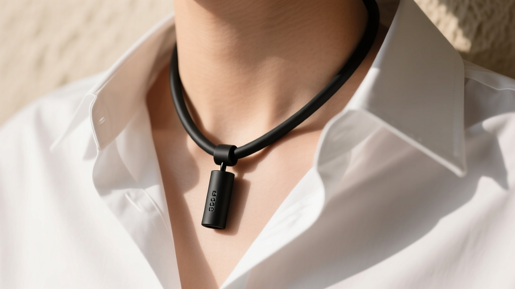 A discreet black silicone cord necklace with a hidden combination tube pendant resting subtly against the collarbone under a shirt