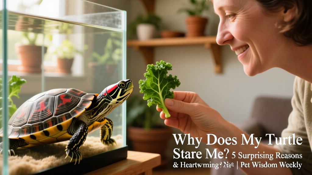 A person gently offering a piece of kale to a turtle from outside the tank, with clear eye contact between them