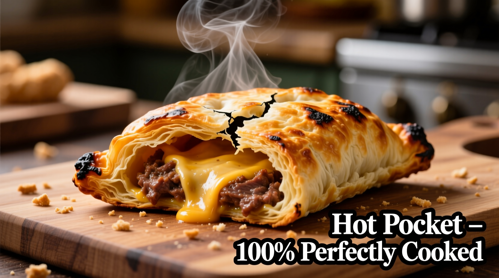 Perfectly cooked Hot Pocket with steam rising