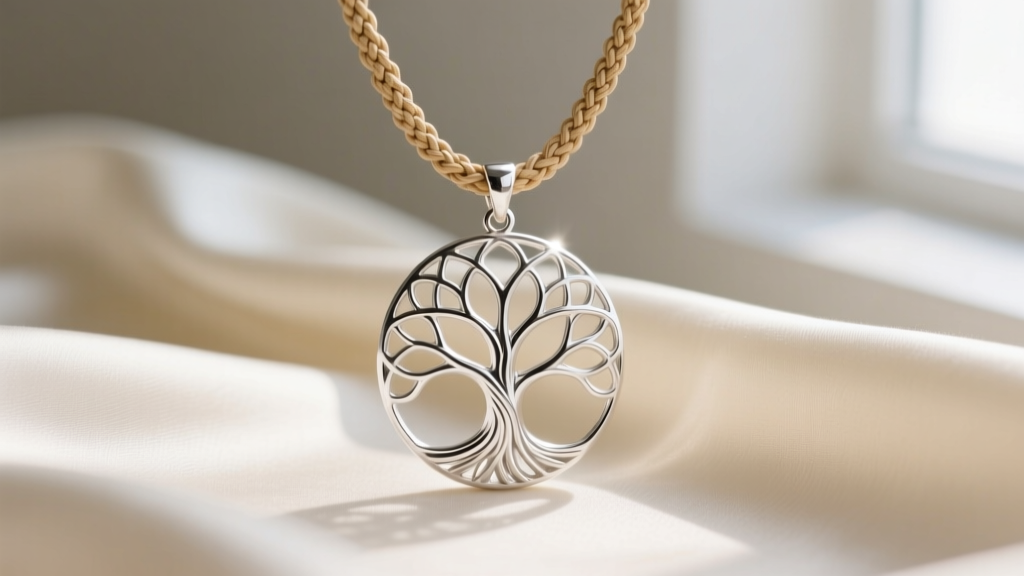 Platinum tree of life pendant on cream silk, soft window light highlighting intricate branches and a durable wheat chain weave.