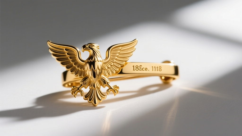 Macro shot of a vintage 18k gold brooch clasp showing a crisp French eagle head hallmark and serial number under bright lighting