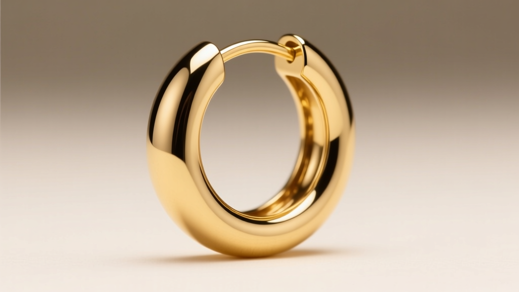 Extreme macro shot of a seamless 14k solid gold hoop earring catching studio light, highlighting a flawless mirror polish finish.
