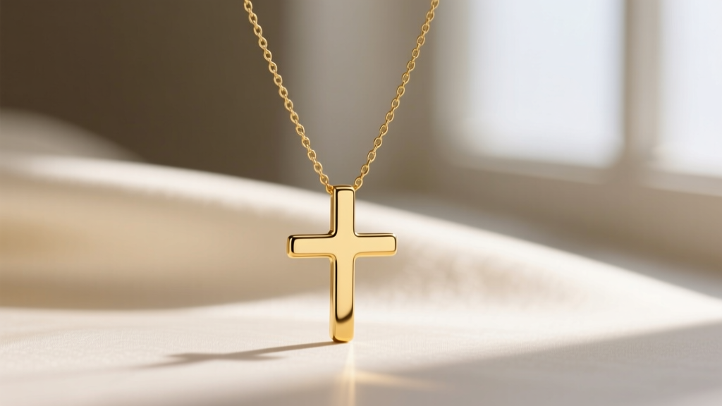 Close-up of a 14k yellow gold necklace with a small horizontal sideways cross pendant resting on a delicate 1mm cable chain.