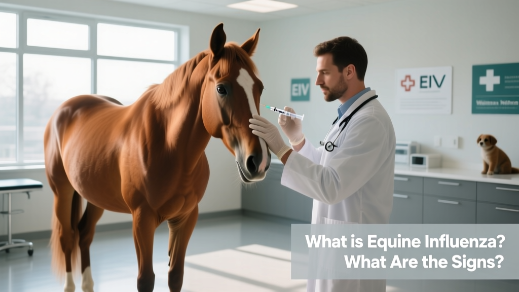 Veterinarian administering an EIV vaccine to a calm horse in a clinic setting