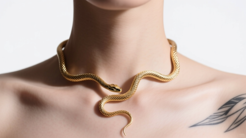 Close-up of a delicate 22-gauge gold wire snake necklace wrapping around a collarbone, mimicking a fine-line tattoo in soft studio lighting
