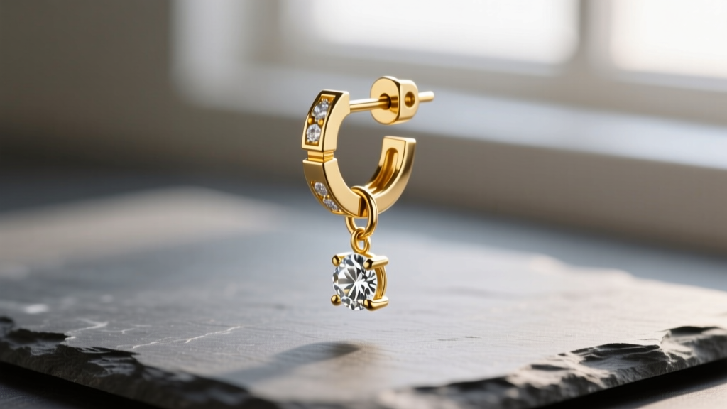 Macro shot of an 18k gold modular earring with a kinetic diamond drop on slate, highlighting the micro-hinge mechanism.