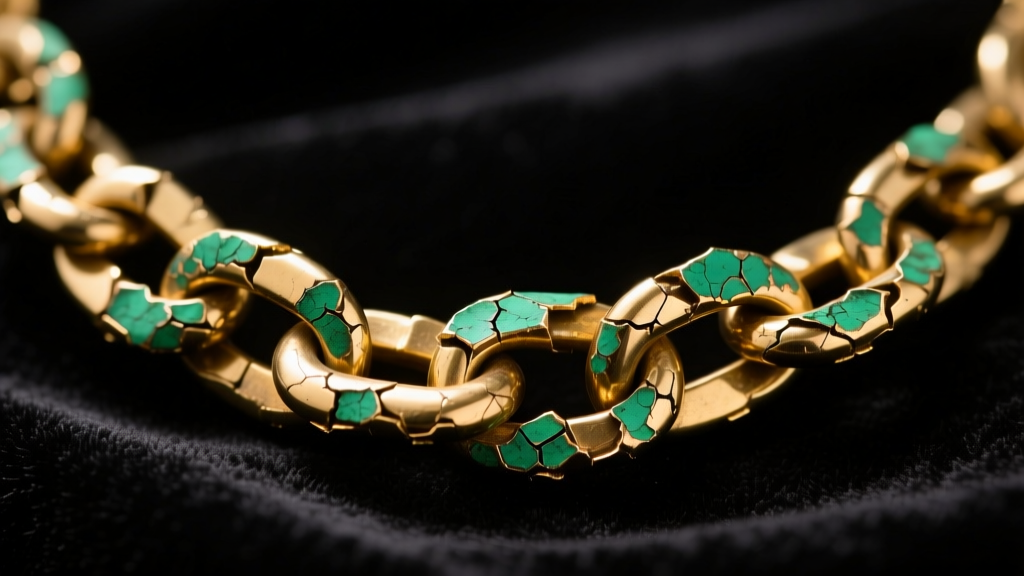 Extreme macro of a degraded gold-plated brass necklace chain, revealing green copper oxidation and flaking metal on dark velvet.